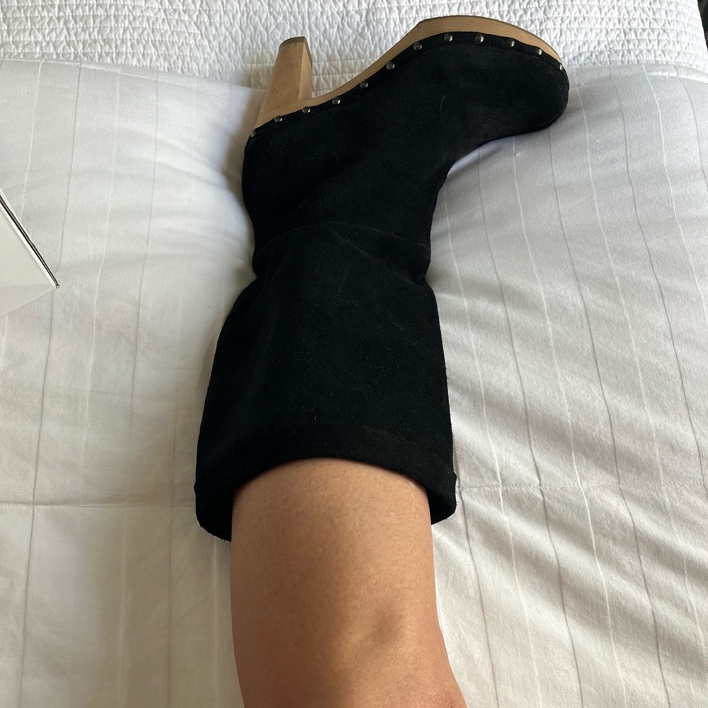 Black suede/wood platform boots by Banana Republic, Women’s size 9